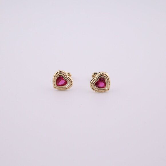 Fashion Women's 14k Gold Heart Pink CZ Stud Earrings with Secure Screw Backing** - Picture 1 of 10